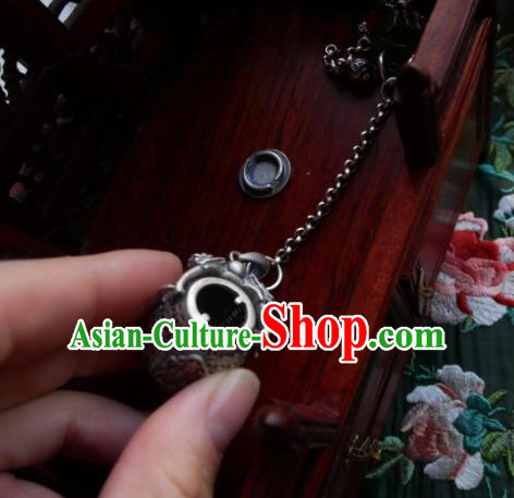 Chinese Classical Cheongsam Silver Carving Bucket Brooch Traditional Hanfu Accessories Handmade Jade Breastpin Pendant for Women