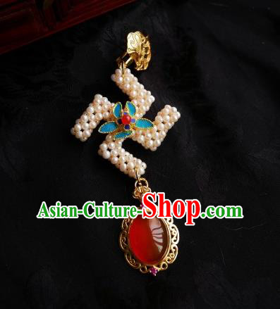 Chinese Classical Cheongsam Carnelian Brooch Traditional Hanfu Accessories Handmade Pearls Breastpin Pendant for Women