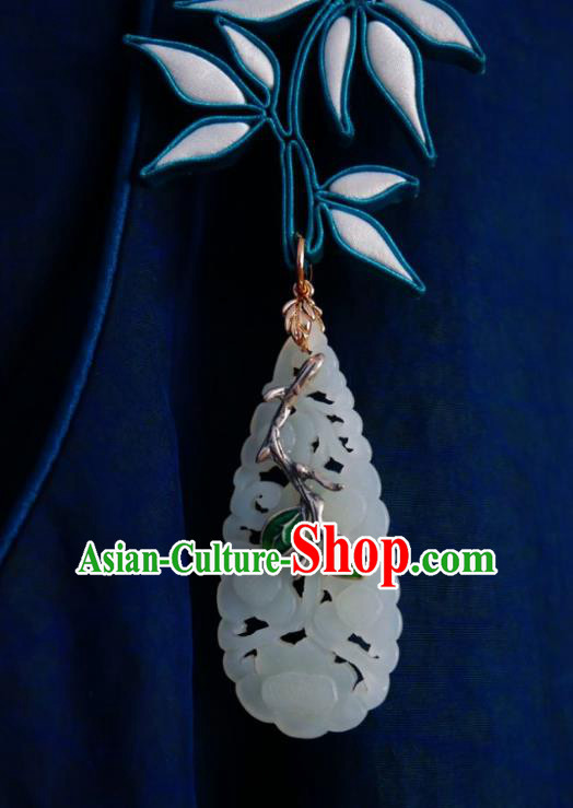 Chinese Classical Cheongsam White Silk Bamboo Leaf Brooch Traditional Hanfu Accessories Handmade Jade Breastpin Pendant for Women