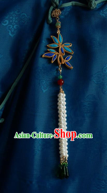 Chinese Classical Cheongsam Blue Silk Bamboo Leaf Brooch Traditional Hanfu Accessories Handmade Pearls Tassel Breastpin Pendant for Women