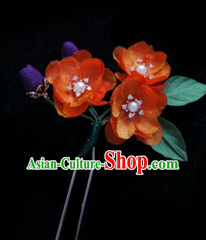 Handmade Chinese Orange Silk Begonia Hairpins Traditional Hanfu Hair Accessories Hair Clip for Women