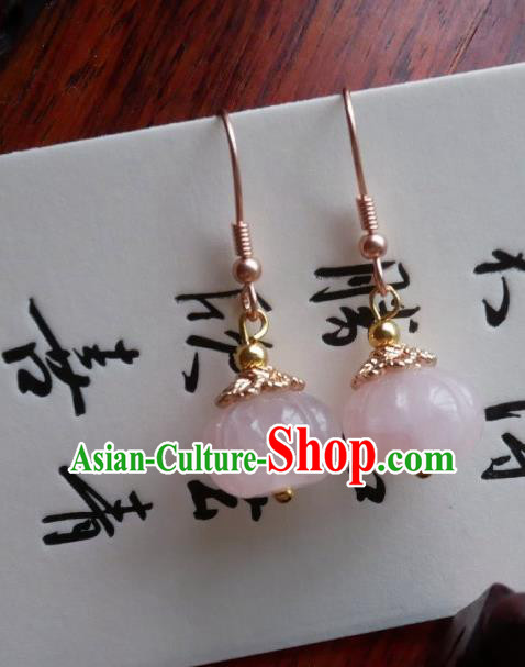 Chinese Handmade Pink Jade Pumpkin Earrings Traditional Hanfu Ear Jewelry Accessories Ancient Princess Eardrop for Women