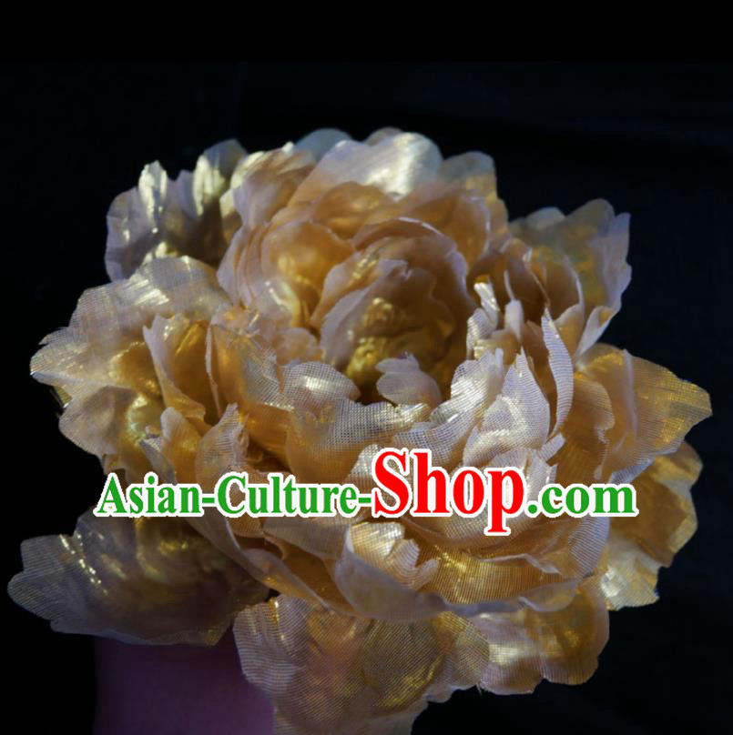 Handmade Chinese Golden Silk Peony Hairpins Traditional Hanfu Hair Accessories Ancient Tang Dynasty Hair Clip for Women