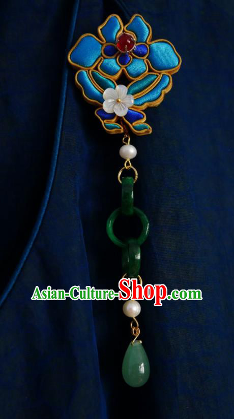 Chinese Classical Cheongsam Silk Flower Butterfly Brooch Traditional Hanfu Accessories Handmade Breastpin Jade Rings Tassel Pendant for Women