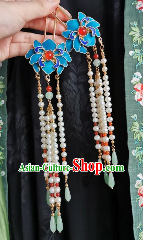 Handmade Chinese Pearls Tassel Hairpins Traditional Hanfu Hair Accessories Ancient Qing Dynasty Hair Clip for Women