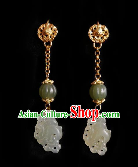 Chinese Handmade Carving Golden Earrings Traditional Hanfu Ear Jewelry Accessories Ancient Princess Jade Phoenix Eardrop for Women