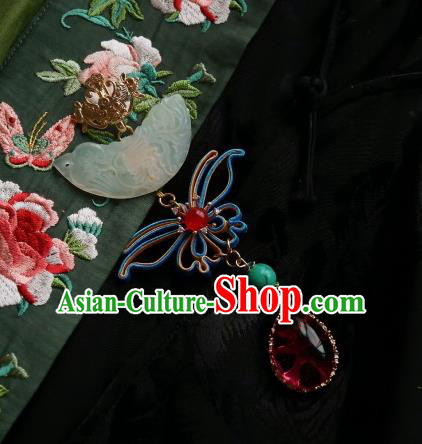Chinese Classical Cheongsam Jade Brooch Traditional Hanfu Accessories Handmade Silk Butterfly Breastpin Pendant for Women