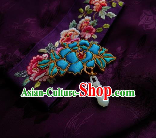 Chinese Classical Cheongsam Blue Silk Peony Brooch Traditional Hanfu Accessories Handmade Jade Vase Breastpin Pendant for Women