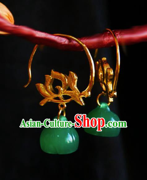 Chinese Handmade Jade Lotus Seedpod Earrings Traditional Hanfu Ear Jewelry Accessories Ancient Princess Golden Eardrop for Women