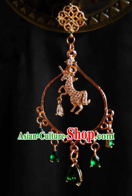Chinese Handmade Green Zircon Earrings Traditional Hanfu Ear Jewelry Accessories Golden Horse Eardrop for Women