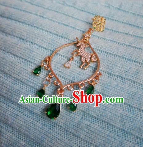Chinese Handmade Green Zircon Earrings Traditional Hanfu Ear Jewelry Accessories Golden Horse Eardrop for Women
