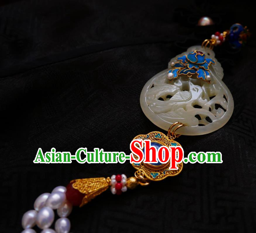 Chinese Classical Cheongsam Jade Carving Cucurbit Brooch Traditional Hanfu Accessories Handmade Breastpin Pearls Tassel Pendant for Women