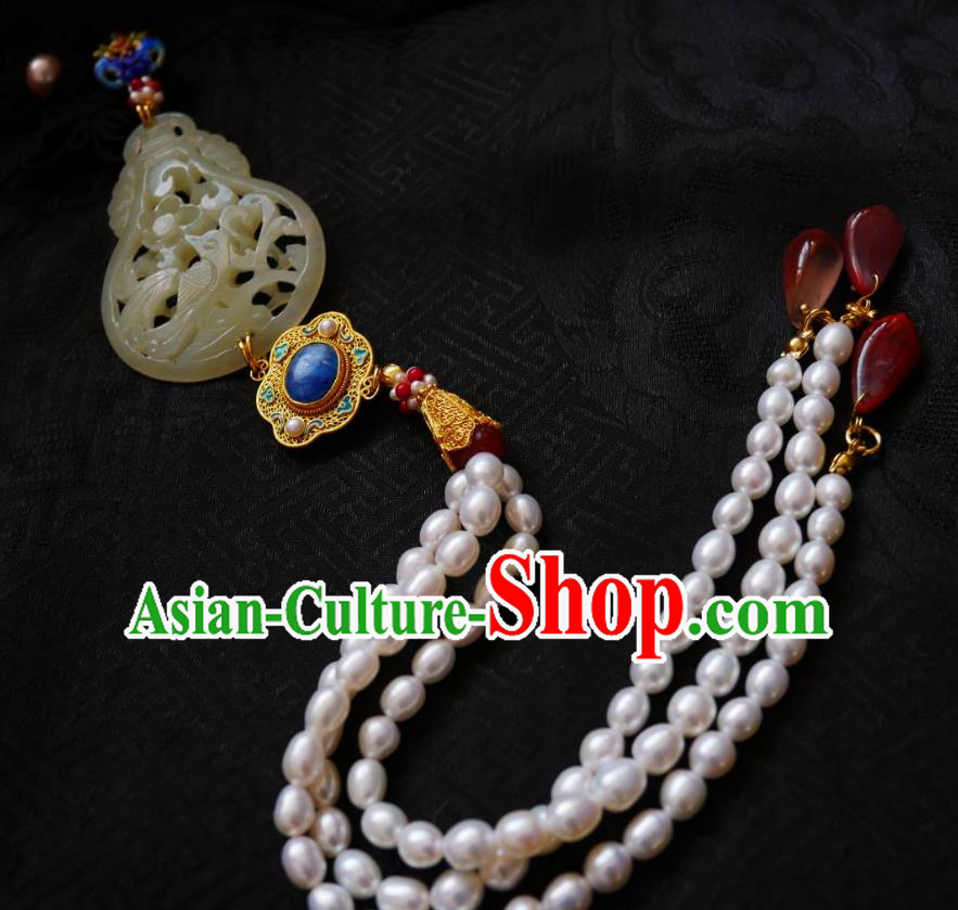 Chinese Classical Cheongsam Jade Cucurbit Brooch Traditional Hanfu Accessories Handmade Breastpin Pearls Tassel Pendant for Women