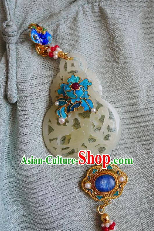 Chinese Classical Cheongsam Jade Cucurbit Brooch Traditional Hanfu Accessories Handmade Breastpin Blue Peony Pearls Tassel Pendant for Women