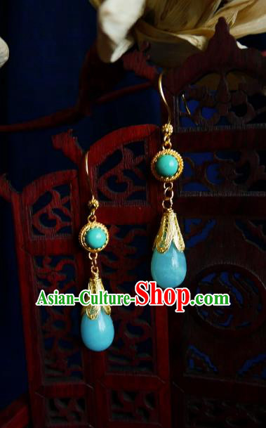 Chinese Handmade Blue Stone Earrings Traditional Hanfu Ear Jewelry Accessories Ancient Princess Eardrop for Women