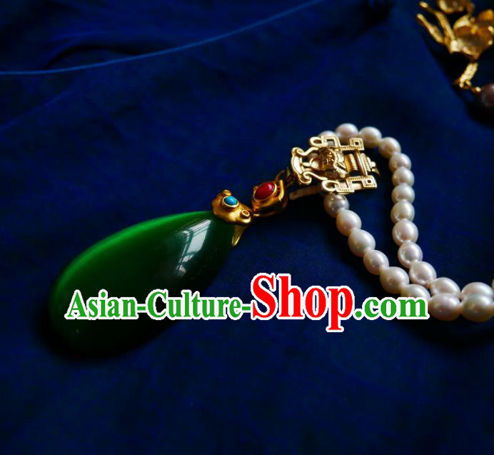 Chinese Handmade Pearls Necklace Traditional Hanfu Jewelry Accessories Green Opal Necklet for Women
