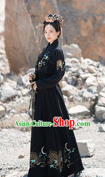 Chinese Ancient Jin Dynasty Palace Lady Black Garment Traditional Royal Princess Embroidered Hanfu Costumes Cloak Blouse and Pleated Skirt Full Set