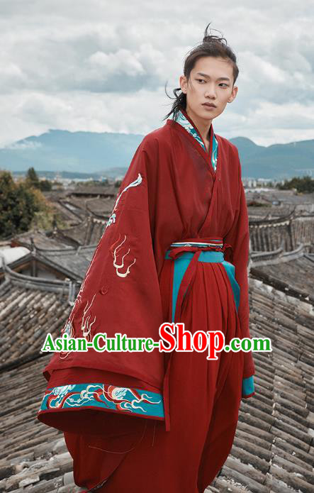 Chinese Jin Dynasty Prince Garment Traditional Ancient Noble Childe Hanfu Costumes Embroidered Wedding Red Blouse and Skirt for Men