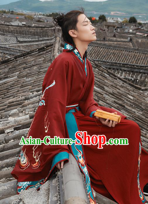 Chinese Jin Dynasty Prince Garment Traditional Ancient Noble Childe Hanfu Costumes Embroidered Wedding Red Blouse and Skirt for Men