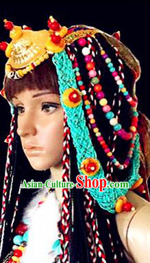 Chinese Traditional Tibetan Nationality Folk Dance Blue Sennit Hair Accessories Decoration Handmade Zang Ethnic Stage Show Golden Headdress for Women
