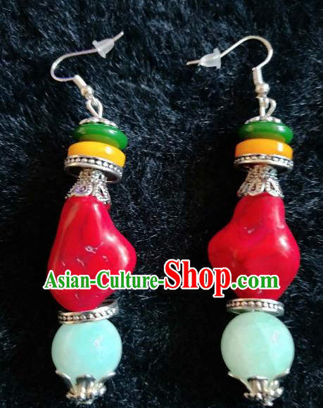 Traditional Chinese Zang Ethnic Red Stone Earrings Folk Dance Ear Accessories Handmade Tibetan Nationality Eardrop for Women