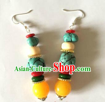 Traditional Chinese Zang Ethnic Green Stone Earrings Folk Dance Ear Accessories Handmade Tibetan Nationality Eardrop for Women