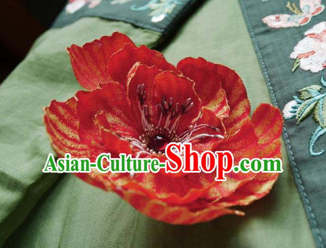 Handmade Chinese Red Silk Flower Hairpins Traditional Hanfu Hair Accessories Ancient Song Dynasty Court Hair Clip for Women