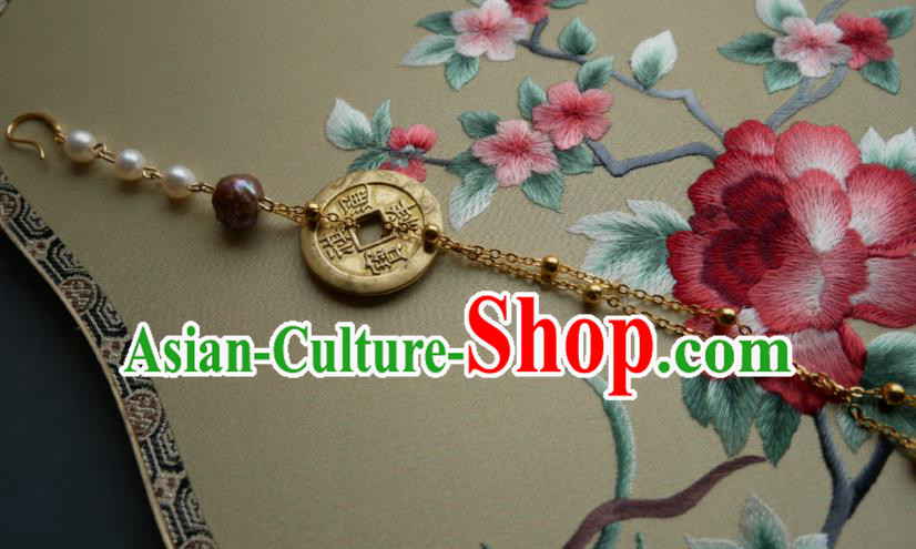 Chinese Classical Cheongsam Copper Cash Brooch Traditional Hanfu Accessories Handmade Pearls Tassel Breastpin Pendant for Women