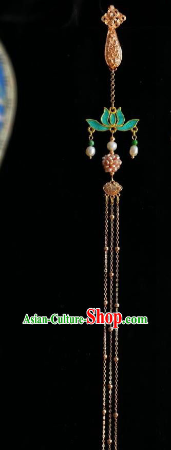 Chinese Classical Cheongsam Green Lotus Brooch Traditional Hanfu Accessories Handmade Pearls Tassel Breastpin Pendant for Women