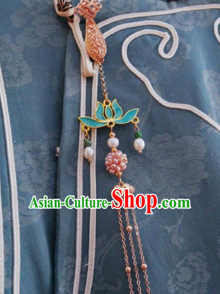 Chinese Classical Cheongsam Green Lotus Brooch Traditional Hanfu Accessories Handmade Pearls Tassel Breastpin Pendant for Women