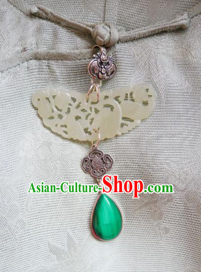 Chinese Classical Cheongsam Jade Brooch Traditional Hanfu Accessories Handmade Silver Bat Breastpin Pendant for Women