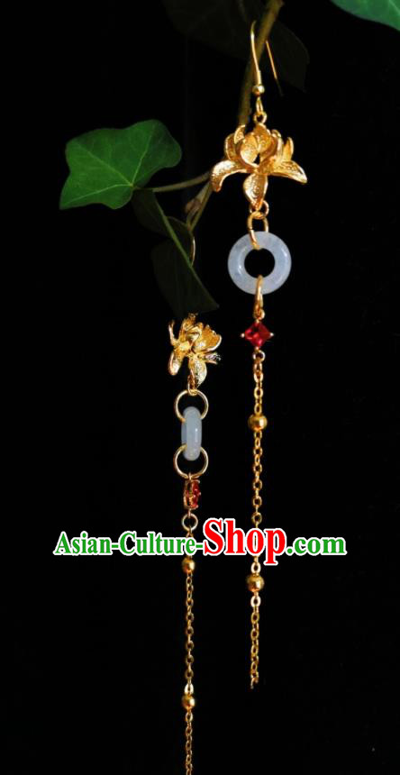 Chinese Handmade Golden Lotus Earrings Traditional Hanfu Ear Jewelry Accessories Jade Ring Tassel Eardrop for Women
