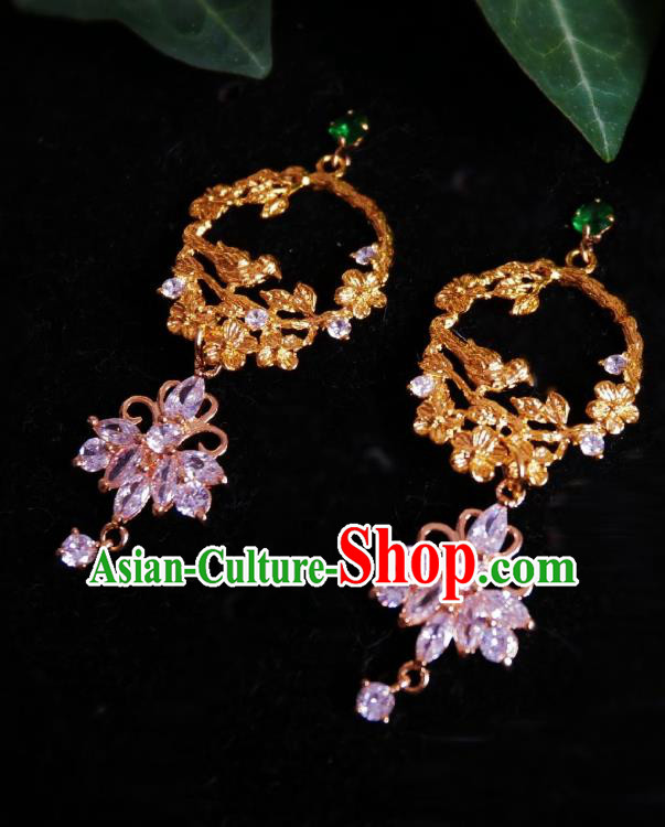 Chinese Handmade Amethyst Earrings Traditional Hanfu Ear Jewelry Accessories Golden Lotus Eardrop for Women