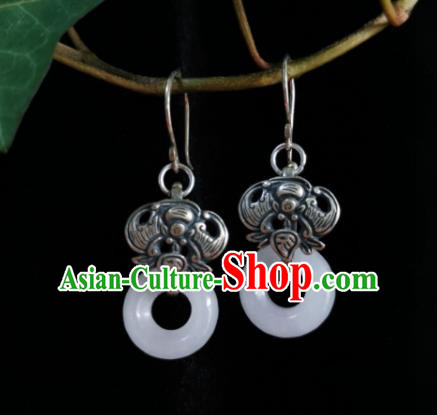 Chinese Handmade Qing Dynasty White Jade Ring Ring Earrings Traditional Hanfu Ear Jewelry Accessories Classical Court Silver Carving Bat Eardrop for Women