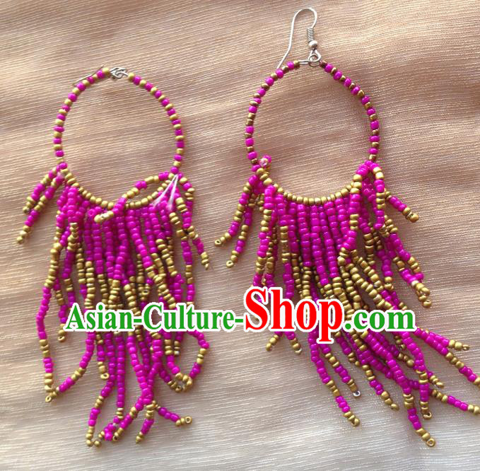 Traditional Chinese Zang Ethnic Purple Beads Tassel Earrings Folk Dance Ear Accessories Handmade Tibetan Nationality Eardrop for Women
