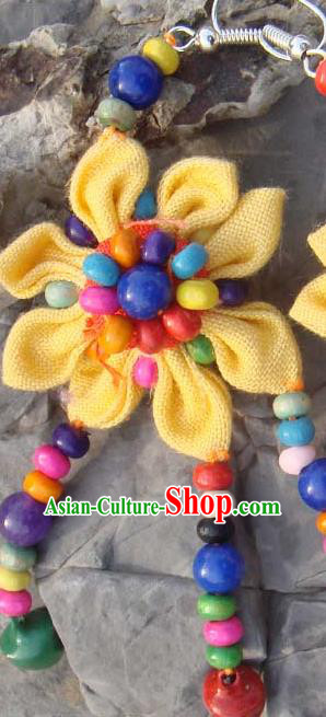 Traditional Chinese Zang Ethnic Yellow Flower Earrings Folk Dance Ear Accessories Handmade Tibetan Nationality Colorful Beads Tassel Eardrop for Women