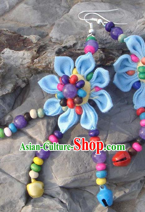 Traditional Chinese Zang Ethnic Blue Flower Earrings Folk Dance Ear Accessories Handmade Tibetan Nationality Colorful Beads Tassel Eardrop for Women