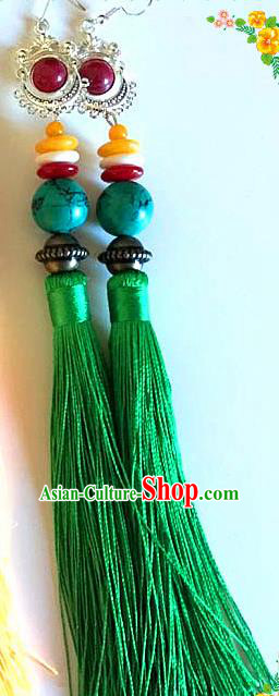 Traditional Chinese Zang Ethnic Folk Dance Green Tassel Earrings Exaggerate Ear Accessories Handmade Tibetan Nationality Stage Show Eardrop for Women