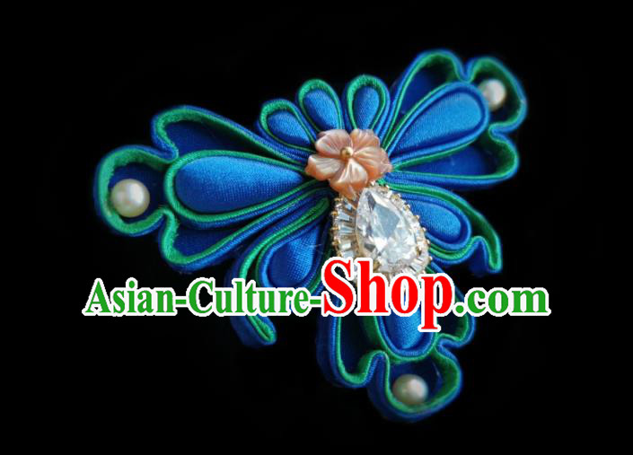 Chinese Classical Crystal Brooch Traditional Hanfu Cheongsam Accessories Handmade Blue Silk Butterfly Breastpin Pendant for Women