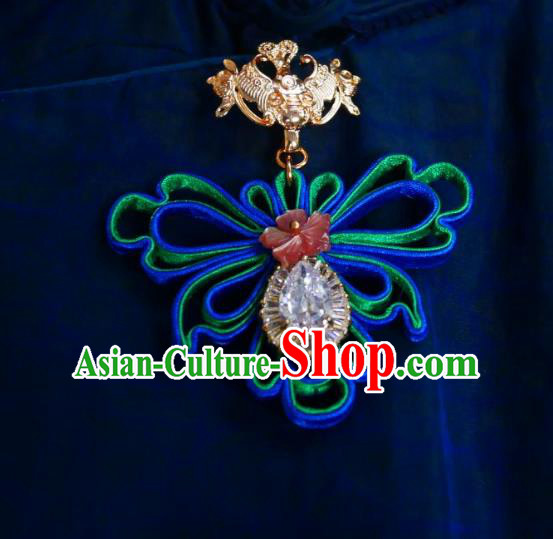 Chinese Classical Crystal Brooch Traditional Hanfu Cheongsam Accessories Handmade Blue Silk Butterfly Breastpin Pendant for Women
