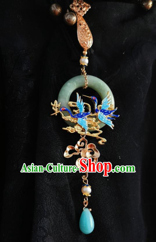 Chinese Classical Cloisonne Cranes Brooch Traditional Hanfu Cheongsam Accessories Handmade Jade Ring Tassel Breastpin Pendant for Women