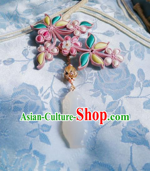 Chinese Classical Pink Silk Flowers Brooch Traditional Hanfu Cheongsam Accessories Handmade White Jade Vase Breastpin Pendant for Women