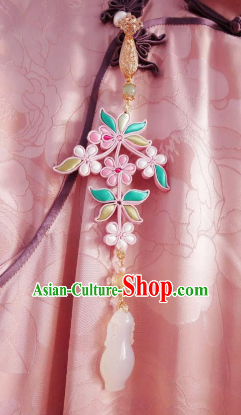 Chinese Classical White Jade Vase Brooch Traditional Hanfu Cheongsam Accessories Handmade Silk Flowers Breastpin Pendant for Women