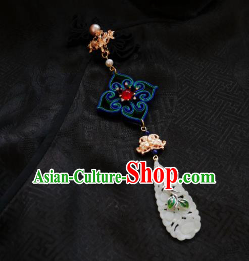 Chinese Classical Jade Carving Brooch Traditional Hanfu Cheongsam Accessories Handmade Silk Breastpin Pendant for Women