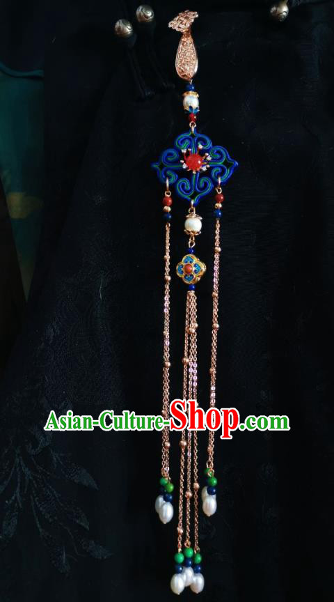 Chinese Classical Golden Tassel Brooch Traditional Hanfu Cheongsam Accessories Handmade Blue Silk Breastpin Pendant for Women