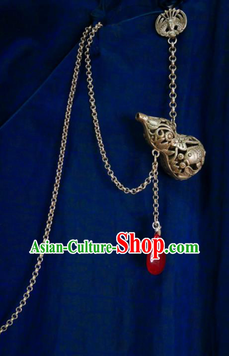 Chinese Classical Silver Cucurbit Brooch Traditional Hanfu Cheongsam Accessories Handmade Jade Tassel Breastpin Pendant for Women