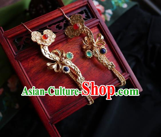 Chinese Handmade Qing Dynasty Court Golden Earrings Traditional Hanfu Ear Jewelry Accessories Classical Crystal Tassel Eardrop for Women