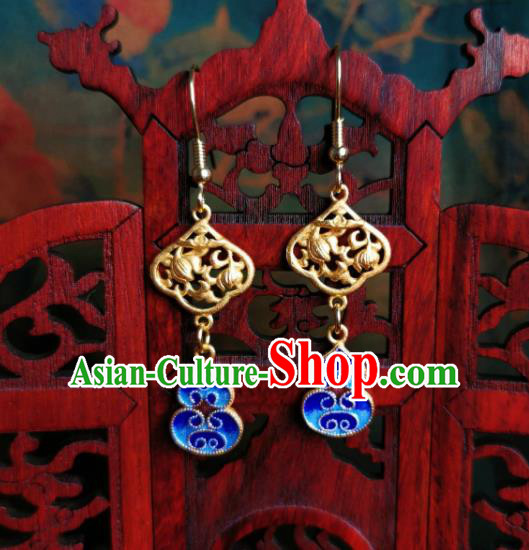 Chinese Handmade Qing Dynasty Silver Earrings Traditional Hanfu Ear Jewelry Accessories Classical Court Blueing Cucurbit Eardrop for Women