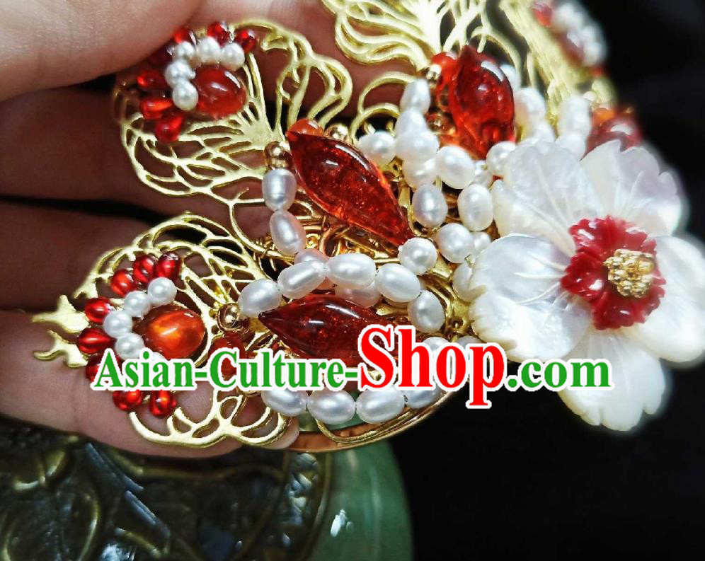 Handmade Chinese Pearls Hair Crown Hairpins Traditional Hanfu Hair Accessories Ancient Qing Dynasty Shell Flower Hair Clip for Women