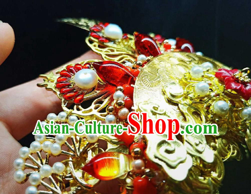 Handmade Chinese Golden Hair Crown Hairpins Traditional Hanfu Hair Accessories Ancient Qing Dynasty Hair Clip for Women